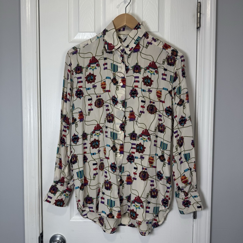 DONCASTER Sz S White with‎ Colorful Nautical Print 100% Silk Shirt Blouse